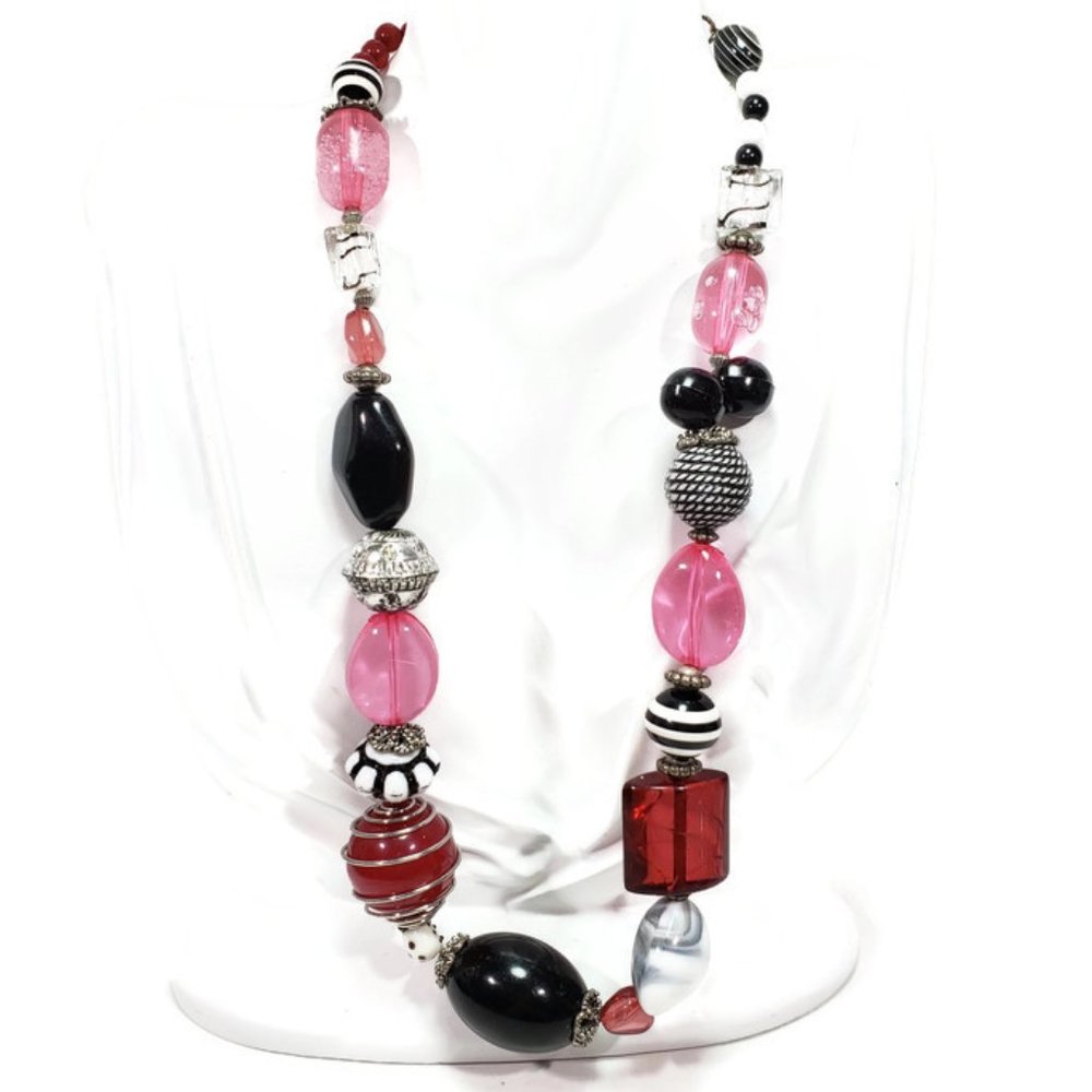 Pink Black Necklace Acrylic & Glass Beads 20"